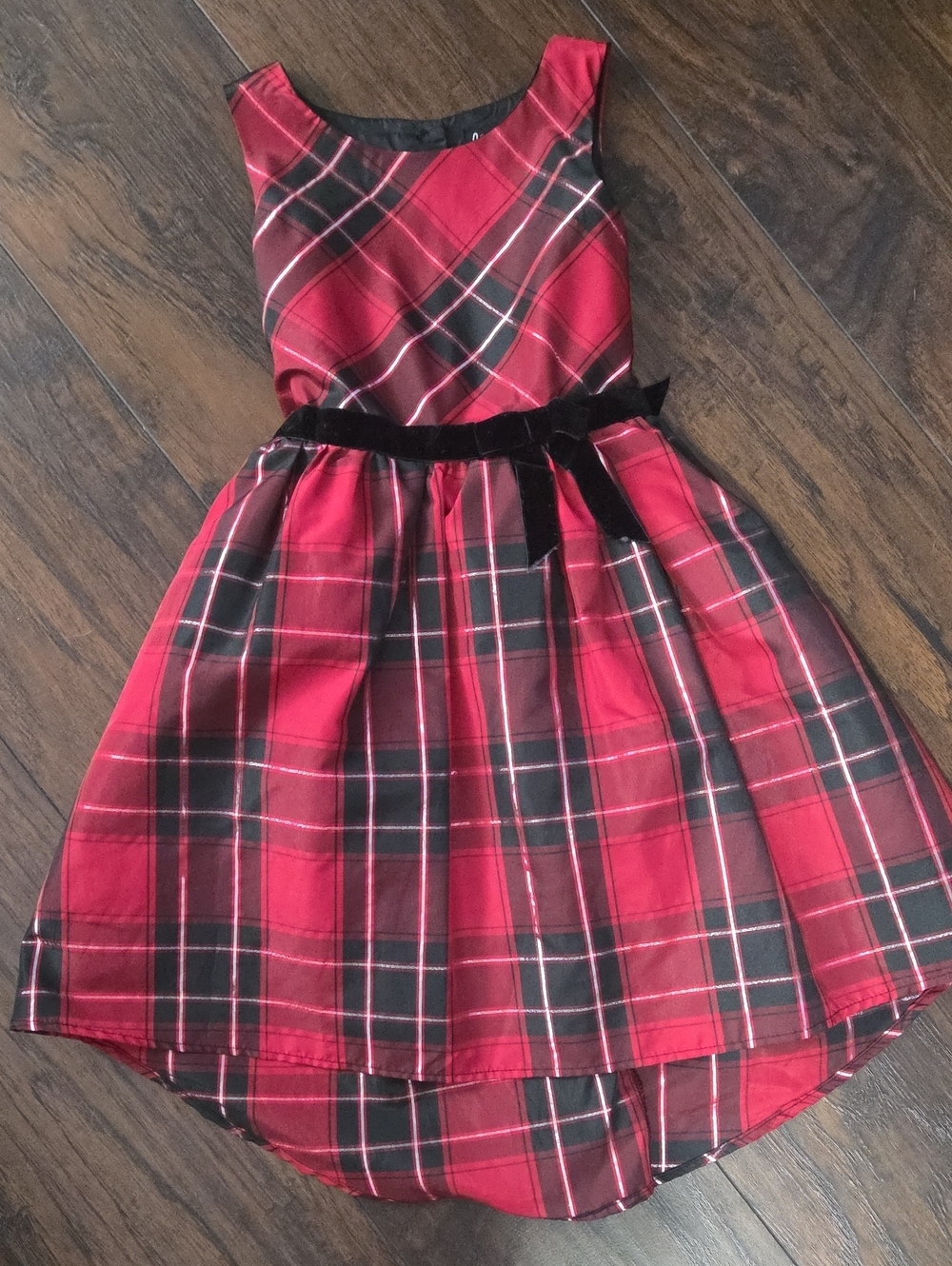 lilt Red and Black Plaid Velvet Waist Tie Party Dress